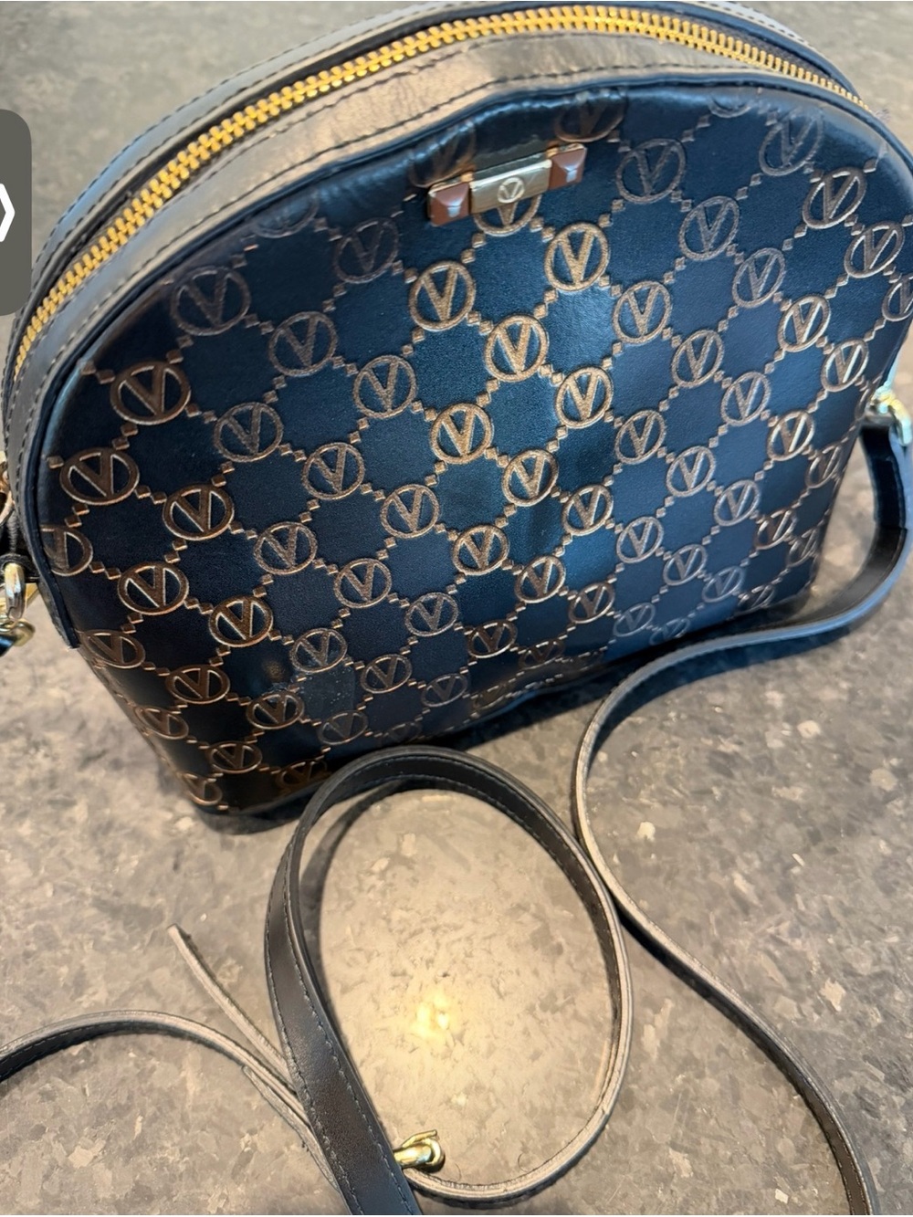 Valentino Black Logo-Print Dome Crossbody with Gold Hardware